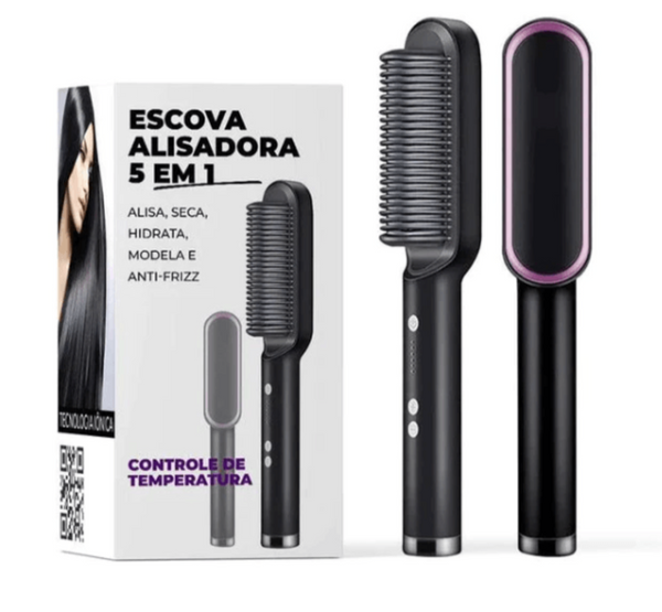 Escova Alisadora 5 em 1 - Alisa, Seca, Hidrata, Modela e Anti-Frizz - Bivolt